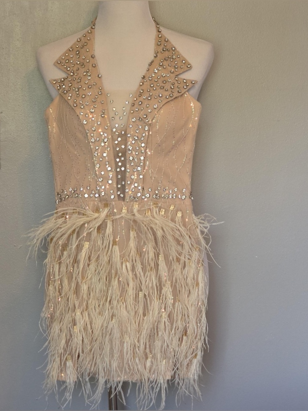 Elegant Feathered Halter Mini Dress in Champagne - Picture 5 of 14